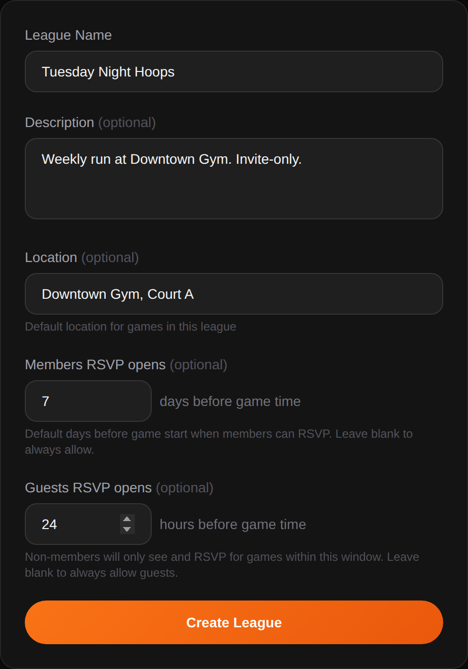 Create a League form filled in with a league name, location, and RSVP windows