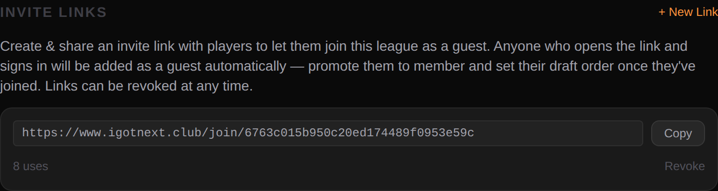 League invite link section with a shareable join URL, copy button, and usage count