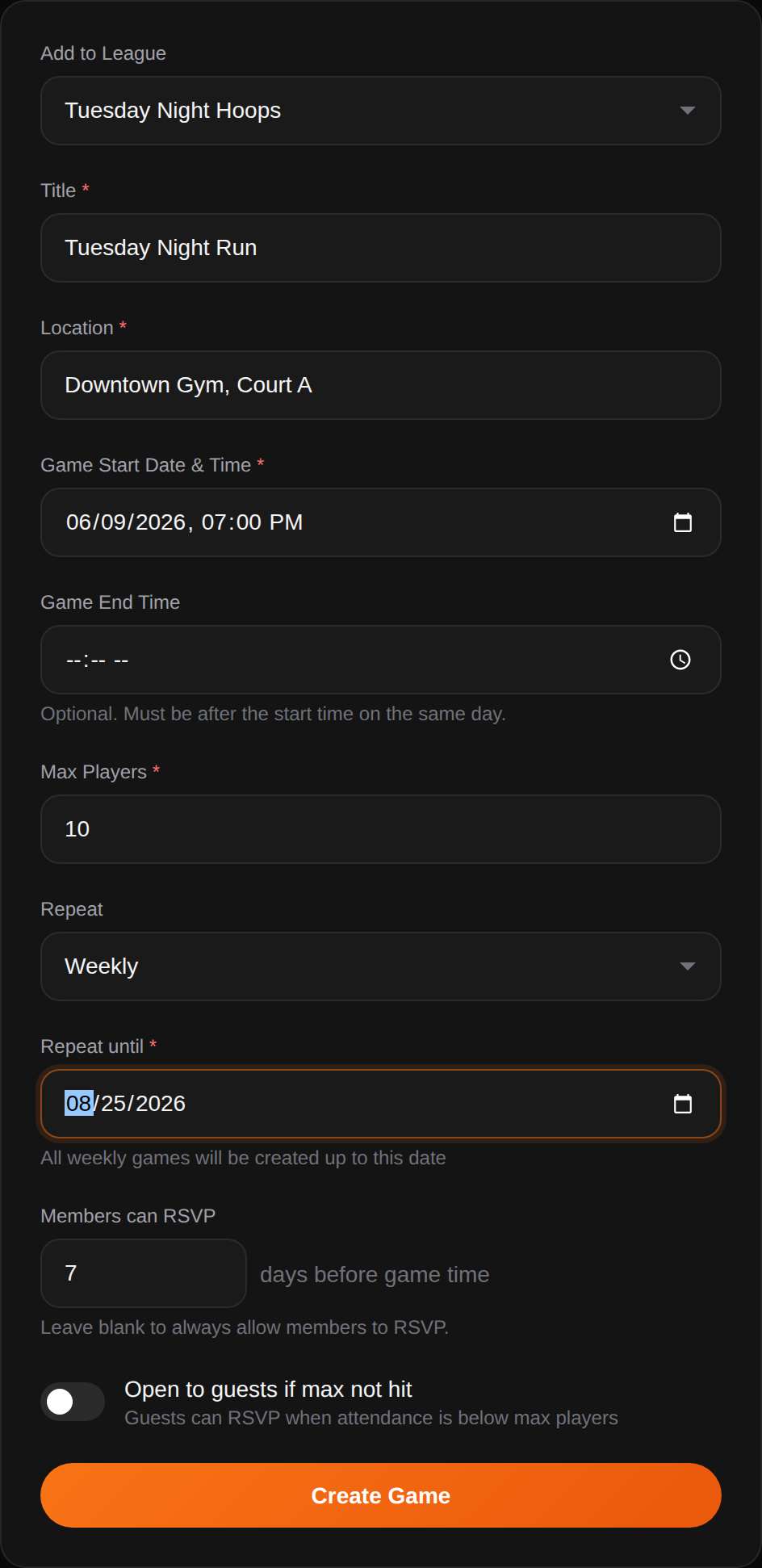 Create a Game form with a weekly repeat schedule, location, and player cap