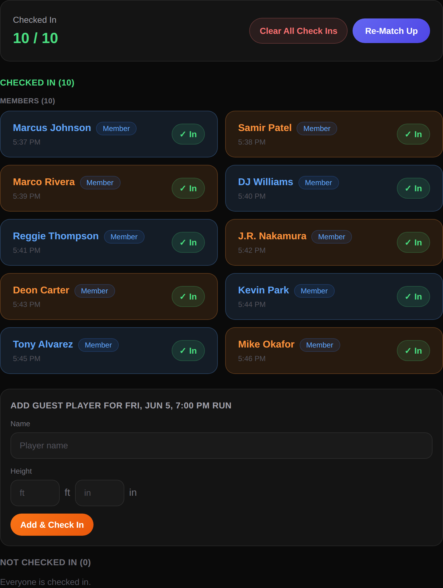 Courtside check-in screen with 10 of 10 players checked in